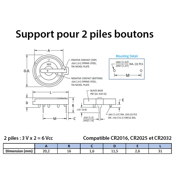 Coupleur 2 x CR2032 - Supports piles boutons